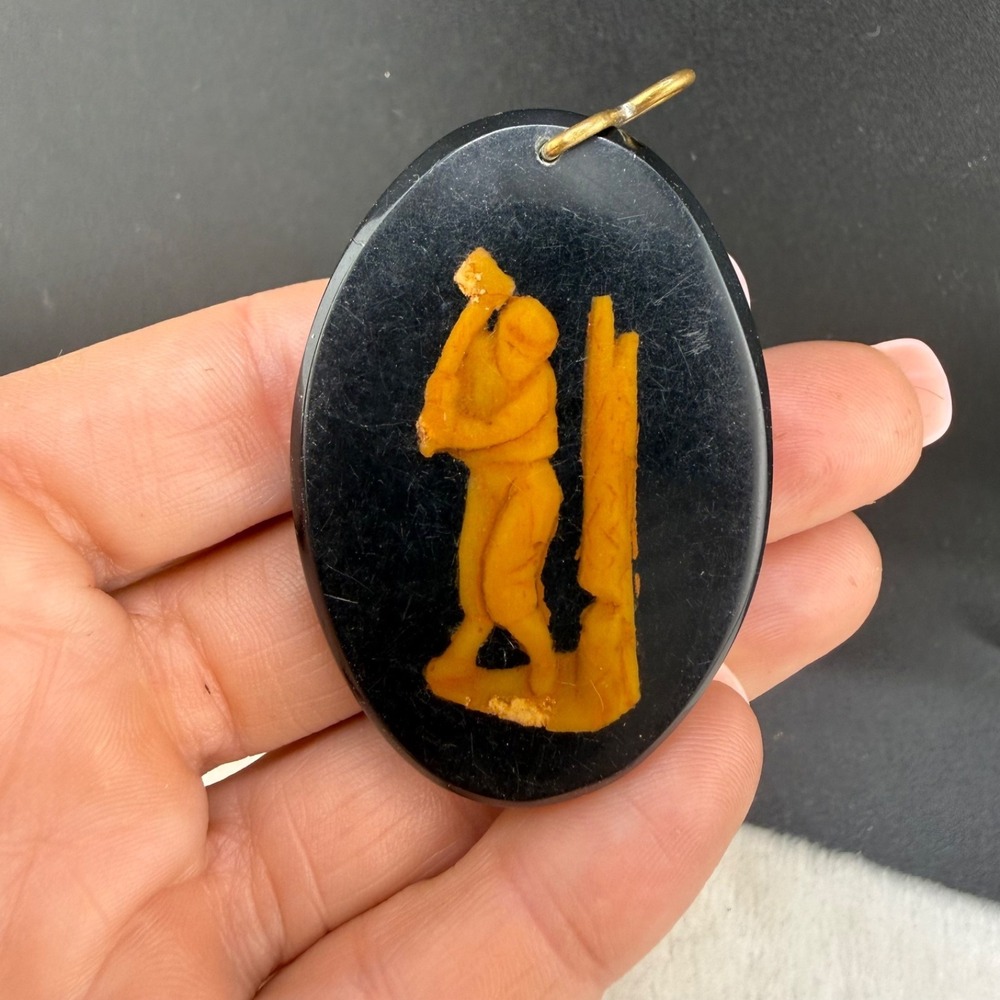 Vintage Estate Pendant Black Yellow Acrylic Lumberjack Carved Oval READ